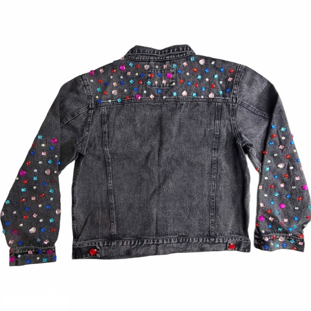 Rock Glam Rhinestone Studded Black Denim Jacket Bedazzled Vintage Size 10 - Picture 4 of 15